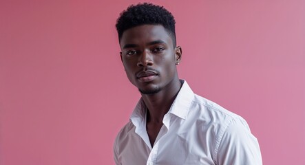 Obraz premium Black African guy in white shirt on pink bright plain background model pose photo