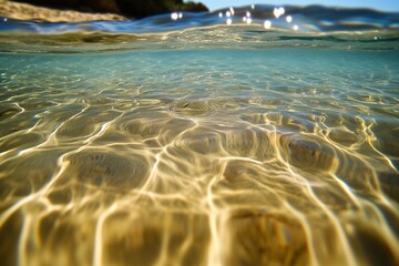 Naklejka premium Turquoise waves gently lap against a sandy beach as sunlight sparkles on the water's surface