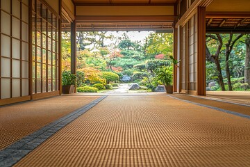 Obraz premium Traditional Japanese home interior looking out to serene outdoor garden