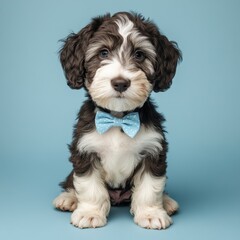 Adorable black and white puppy wearing a light blue bow tie sits against a pale blue background. The puppy looks directly at the camera.