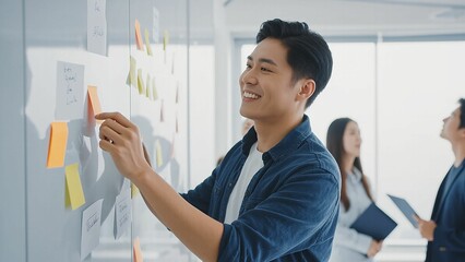 Smiling Asian man attaching sticky notes to a whiteboard during a collaborative team brainstorming session.
