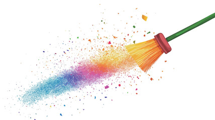Fototapeta premium A digital illustration depicting a broom with a green handle and orange bristles sweeping a trail of colorful confetti against a pure white background. The confetti trail displays a rainbow