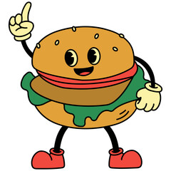 Burger Groovy Illustration. Isolated on White Background. Vector Cartoon Character.