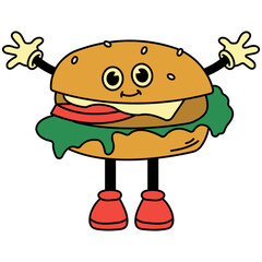 Burger Groovy Illustration. Isolated on White Background. Vector Cartoon Character.