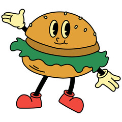 Burger Groovy Illustration. Isolated on White Background. Vector Cartoon Character.