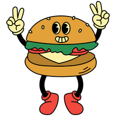 Burger Groovy Illustration. Isolated on White Background. Vector Cartoon Character.