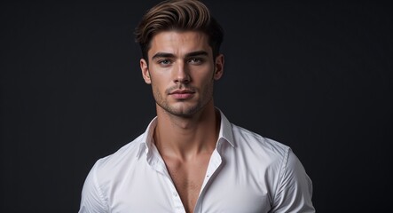 Obraz premium Caucasian handsome guy in white shirt on blue bright plain background model pose photo