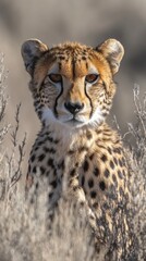 Close up of a cheetah in a natural habitat, partially hidden in tall, dry grass. The cheetah's spotted coat is prominent against a muted background.
