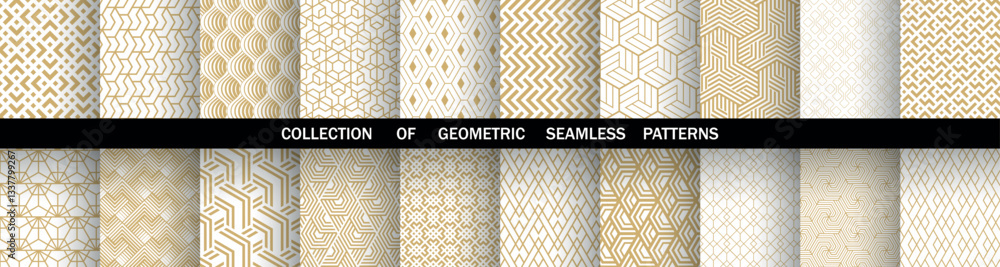 Poster Geometric set of seamless golden and white patterns. Simple vector graphics
