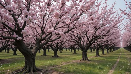 Obraz premium Serene Blossom Orchard with Pink Cherry Trees in Full Bloom