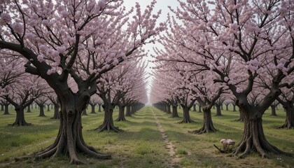 Obraz premium Blossom Pathway Through Cherry Trees in Spring Season Serenity