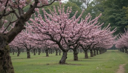 Obraz premium Blooming Cherry Blossom Trees in Scenic Orchard Landscape