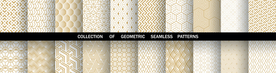 Geometric set of seamless golden and white patterns. Simple vector graphics
