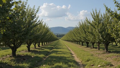 Obraz premium Lush Orchard Landscape with Rows of Trees and Scenic Mountains