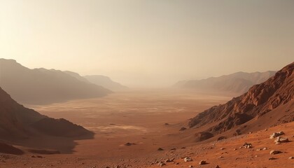 Naklejka premium Martian landscape of desert valley surrounded by red rocks, distant mountains in fog. Arid dry land in lifeless planet. Exploration of another galaxy. Sandstone stones foreground. Adventure vacation
