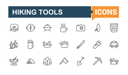 Set of Adventure Tools line icon. Featuring camping, travel, exploration, climbing, climb and more. Calimbing modern icons collection. Adventure icon pack. Vector artwork and illustration.