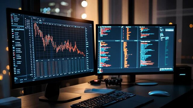 Detailed stock market analysis with data visualization on dual monitors in a modern office at night - Powered by Adobe