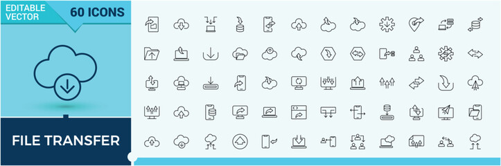 File Transfer icon set. Included downloading, uploading, up, load, file, download, down and more. Line symbol. App icon collection. Editable stroke. Vector collection.