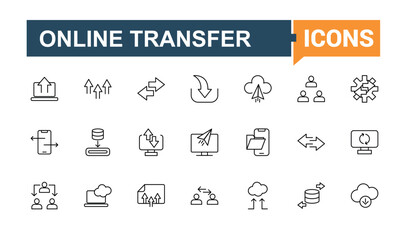 File Transfer icon set. Included downloading, uploading, up, load, file, download, down and more. Line symbol. App icon collection. Editable stroke. Vector collection.