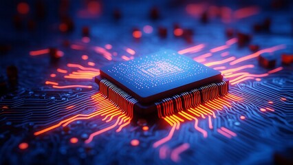 Close-up of a vibrant CPU microchip with illuminated circuits on a computer motherboard, symbolizing high technology.