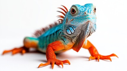 Obraz premium Vibrant blue and orange iguana on white background, studio shot. Reptile with detailed scales and textured skin. 