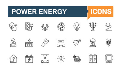Energy and Power icon. Includes thin line save, green, ecology, electric, efficiency and more. Icons for UI design. Electricity icon set. Vector artwork and illustration.