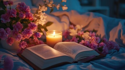 A bedside table with fresh flowers, a candle, and a book