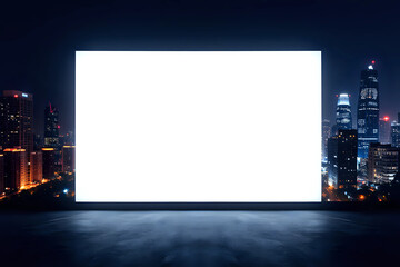 Blank white billboard on city buildings background at night, front view. Mockup, advertising concept