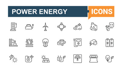 Energy and Power icon. Includes thin line save, green, ecology, electric, efficiency and more. Icons for UI design. Electricity icon set. Vector artwork and illustration.