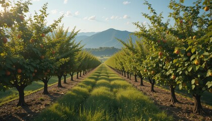 Naklejka premium Serene Orchard Landscape with Rows of Apple Trees and Mountains