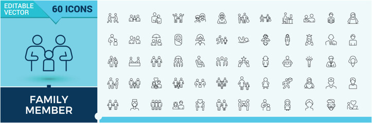 Set of Family Member line icon. Pack of man, person, family member, couple, people and more. Perfect for logos and infographic. Human simple icon. Editable vector art.