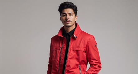 Obraz premium Hispanic guy in modern fashion clothing on red bright plain background model pose photo