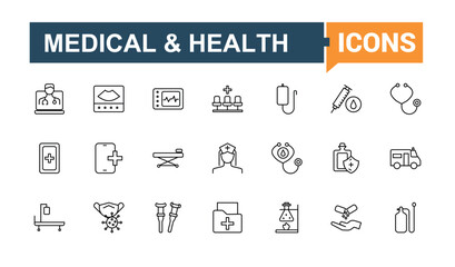 Set of Hospital line icon. Includes symbols for healthcare, health, pharmacy, clinic, medical and more. Icons for UI design. Hospital equipment icon collection. Editable vector art and illustration.