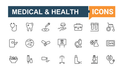 Set of Hospital line icon. Includes symbols for healthcare, health, pharmacy, clinic, medical and more. Icons for UI design. Hospital equipment icon collection. Editable vector art and illustration.
