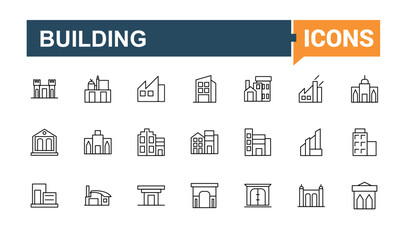 Building icon set. Apartment minimal icons set. Minimalist editable vector stroke. Building and property linear icon collection. Editable vector art.