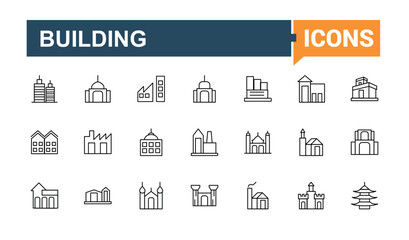 Building icon set. Apartment minimal icons set. Minimalist editable vector stroke. Building and property linear icon collection. Editable vector art.