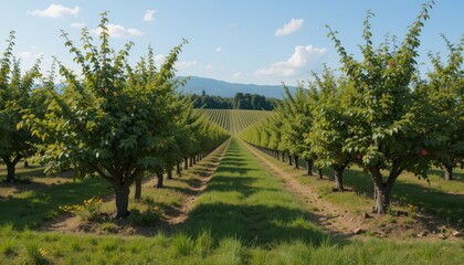 Obraz premium Serene Orchard Landscape with Rows of Trees and Blue Sky Above