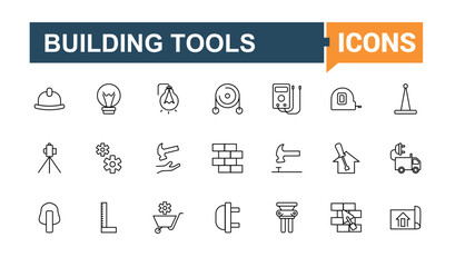 Set of Construction Tools line icon. Pack of build, tool, equipment, work, house and more. Thin linear style icons. Building Construction simple icon. Vector artwork and illustration.