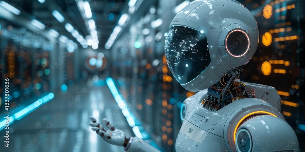 Poster futuristic humanoid robot with a digital interface in a high-tech laboratory