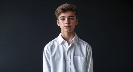 Young teen guy in white shirt on black bright plain background model pose photo