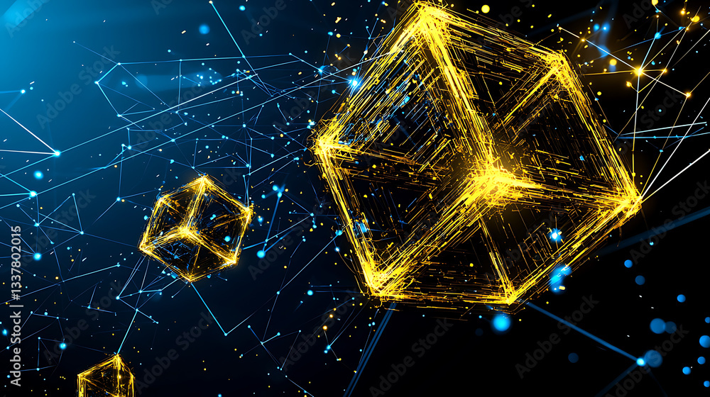 Poster dynamic digital cubes floating virtual space abstract art sci-fi environment futuristic view concept