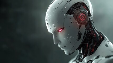 Fototapeta premium Advanced robotic humanoid headshot with intricate internal mechanics and glowing eyes