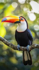 Obraz premium Vibrant toucan perched on a branch, showcasing its colorful beak and plumage against a bokeh background of green foliage. 