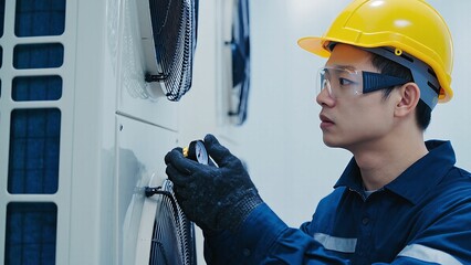 HVAC technician in safety gear inspecting air conditioning system pressure gauge for proper functionality.