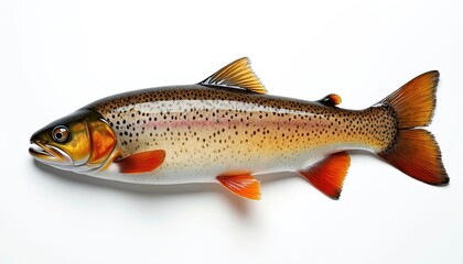 Fototapeta premium Freshwater trout fish closeup laying isolated on white background. Aquatic animal features vibrant rainbow coloration, detailed texture. Perfect for culinary, seafood, fishing, wildlife themes.