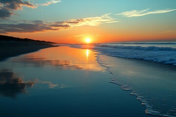 The sun reflecting on the wet beach during a serene golden hour