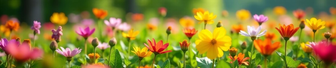 Obraz premium Close-up of assorted flowers carpeting meadow, nature, spring