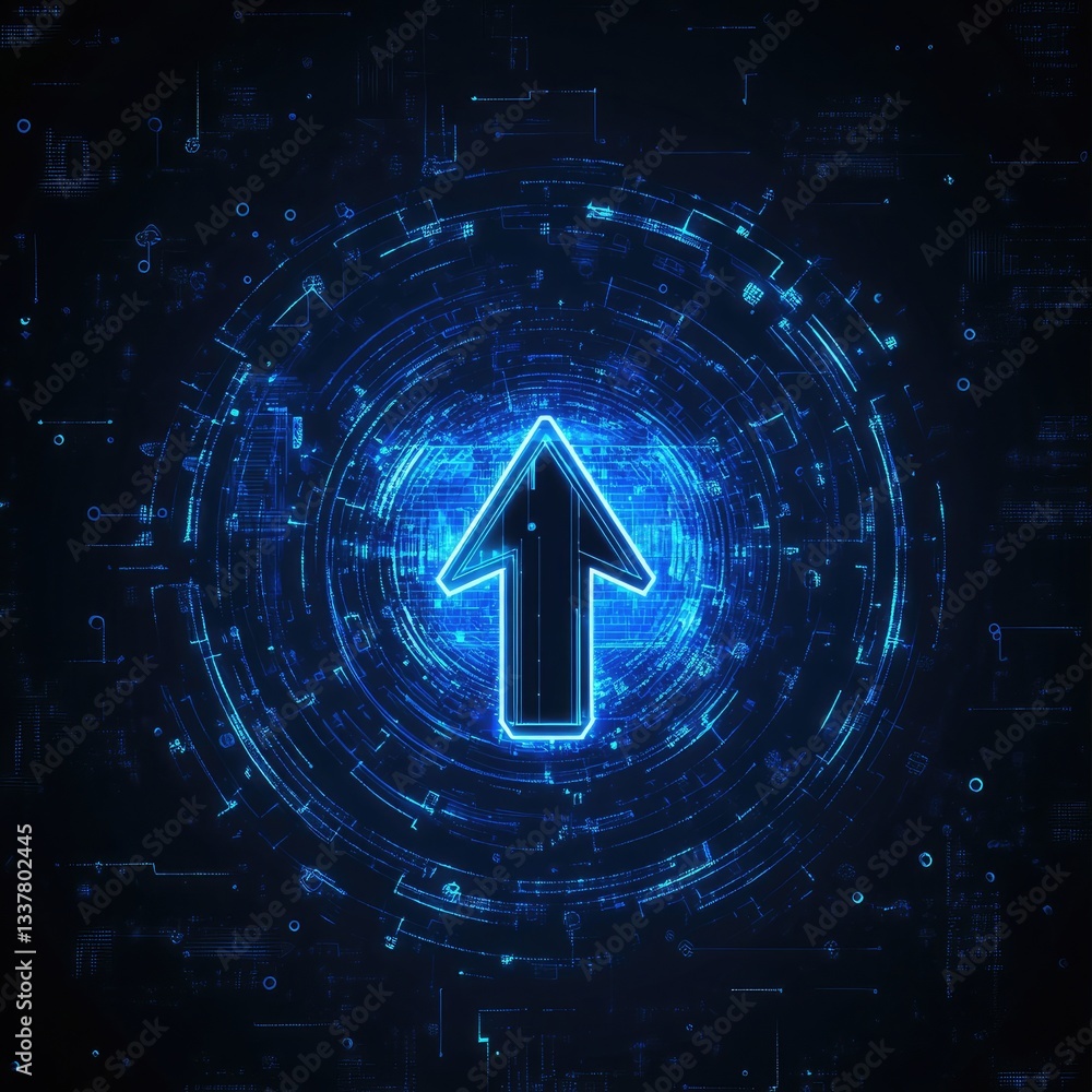 Poster digital upward arrow in a futuristic technological background representing growth progress and advan