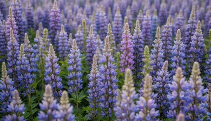 Beautiful Meadow of Purple and Blue Lupine Flowers in Blooming Field