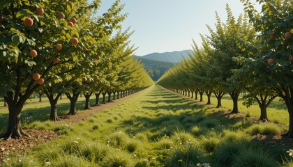 Obraz premium Lush Apple Orchard with Rows of Trees Under Clear Blue Sky